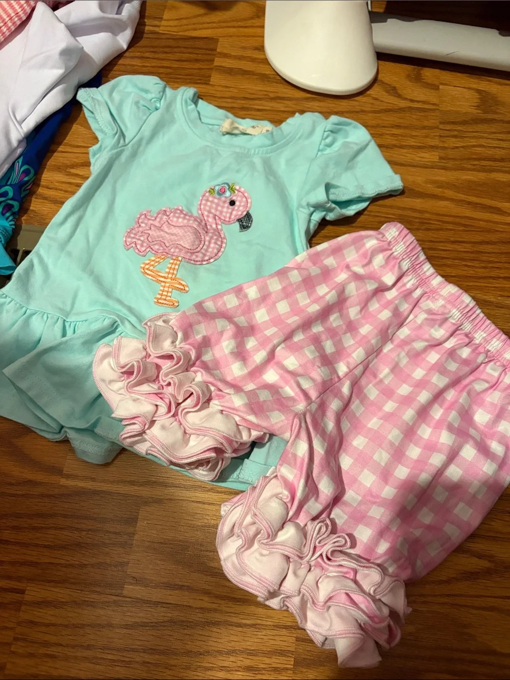 Girls' Mint Flamingo Ruffle Pajama Set with Pink Gingham Shorts